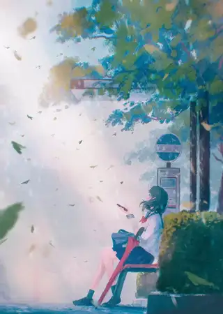 在公交车站等待的和风少女插画图片，日系的浪漫真美